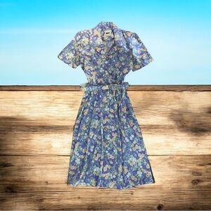 Leslie Fay Vintage Pastel Blue Garden Floral Artsy Art To Wear Midi Dress 8P